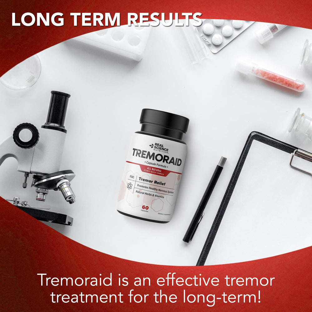 Tremoraid usage scene with glass of water and capsules