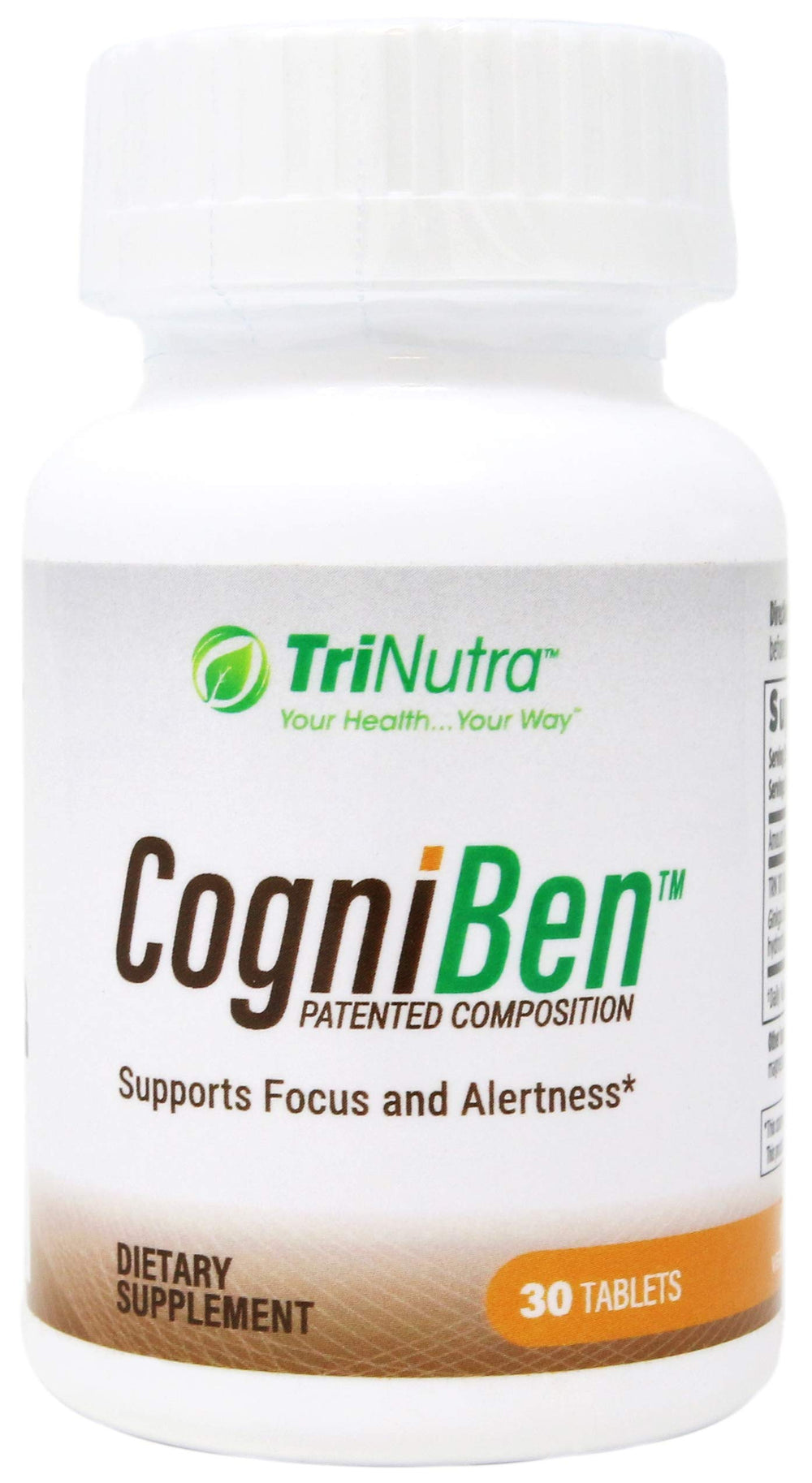 Tri Nutra Cogniben capsule closeup highlighting focus-support ingredients for enhanced concentration