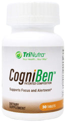 Tri Nutra Cogniben capsule closeup highlighting focus-support ingredients for enhanced concentration