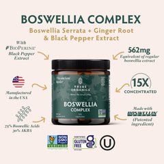 TRIBE ORGANICS Boswellia supplement label highlighting vegan and non-GMO promise.