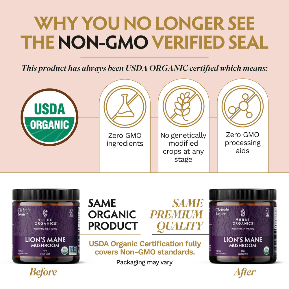 TRIBE ORGANICS Lion’s Mane GMP facility seal indicating high-quality production.