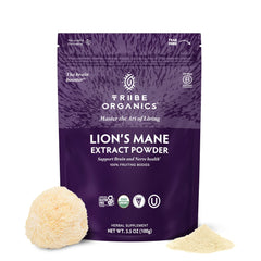 TRIBE ORGANICS Lion’s Mane powder bottle front – premium organic extract for focus