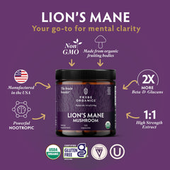 TRIBE ORGANICS Lion’s Mane powder close-up reveals earthy extract.