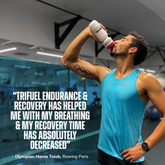 TriFuel 3-in-1 formula graphic highlighting endurance, recovery, and focus benefits.