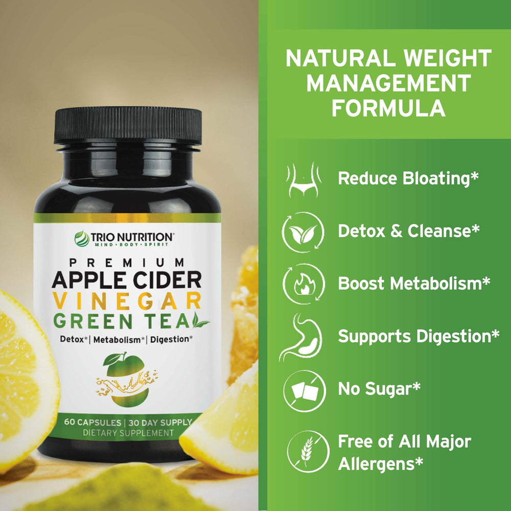 TRIO NUTRITION green tea leaves with capsules hint at antioxidant blend.