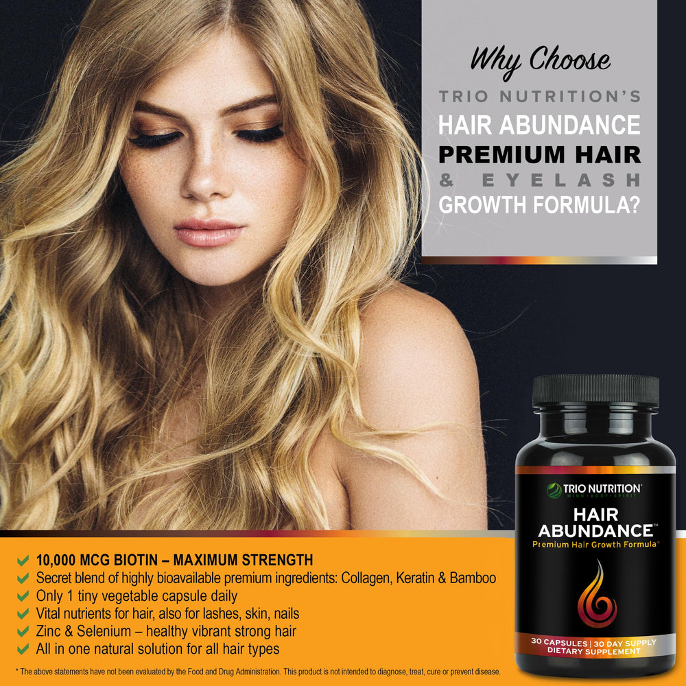 TRIO NUTRITION Hair Abundance capsules close-up highlighting keratin and biotin support.