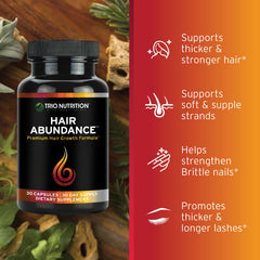 TRIO NUTRITION Hair Abundance ingredient blend featuring collagen, zinc and selenium.
