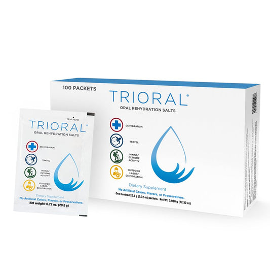 TRIORAL rehydration powder packet for quick, on-the-go hydration.
