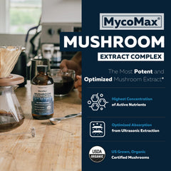 MycoMax liquid extract poured into coffee to enhance your beverage.