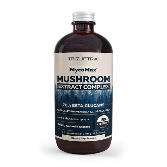 Triquetra Health MycoMax bottle showing full-spectrum mushroom complex for daily cognitive support.