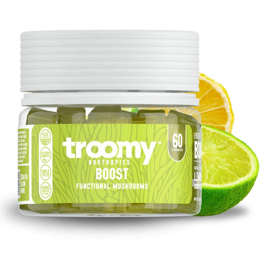 Troomy Boost Cordyceps bottle showing gummies for focus and energy