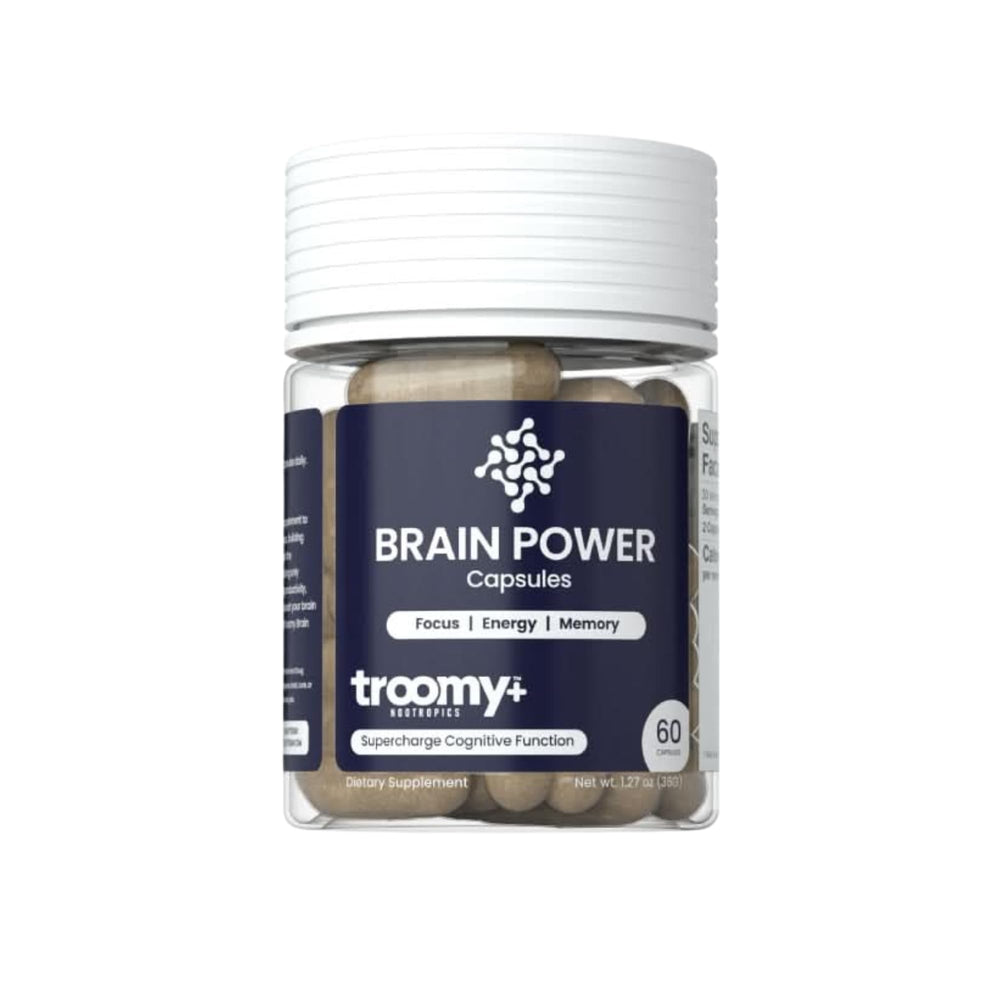 Troomy Brain Power bottle on a clean desk, supporting daily focus.