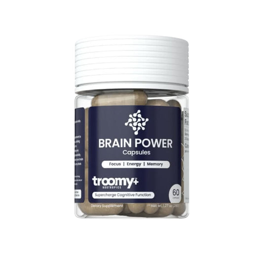 Troomy Brain Power bottle on a clean desk, supporting daily focus.