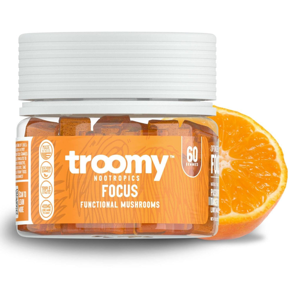 Troomy Lion's Mane Focus Gummies bottle shows convenient daily focus support.