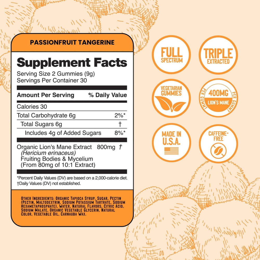 Troomy Lion's Mane Focus Gummies ingredients label showcases gelatin-free and gluten-free formula.