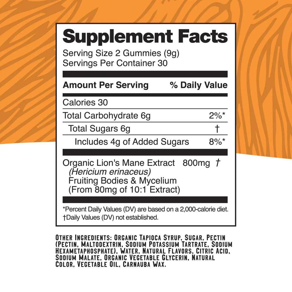 Troomy Lion's Mane Focus Gummies vegetarian symbol highlights plant-based snacking.