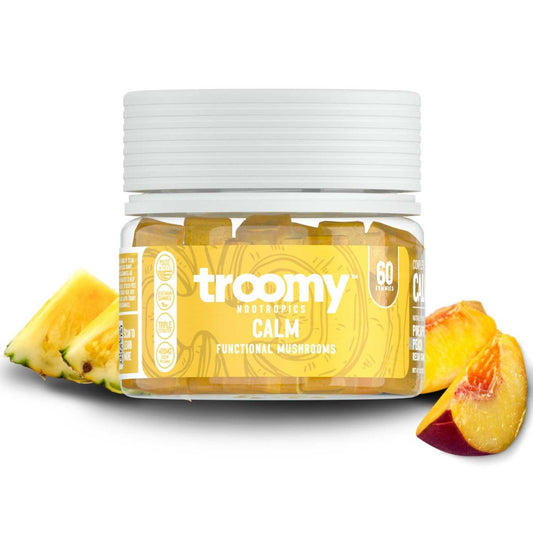 Troomy Reishi Calm Gummies pineapple-peach bottle for a relaxing evening ritual