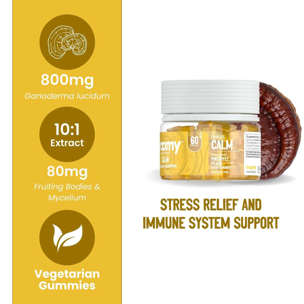 Troomy Reishi Calm Gummies pineapple-peach close-up showing chewy texture