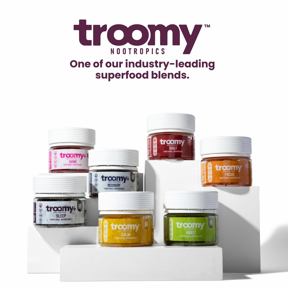 Troomy Sleep ingredients label shows melatonin and reishi content.