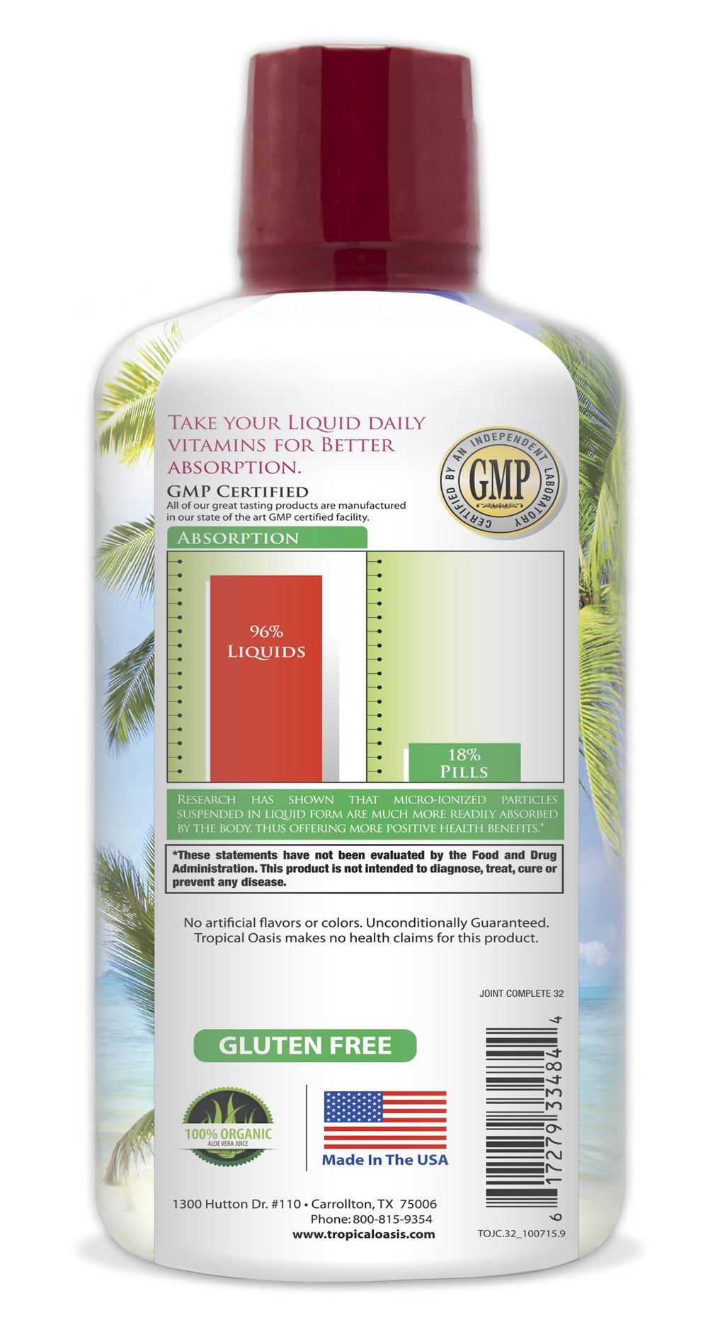 Close-up of Tropical Oasis label with glucosamine, chondroitin, MSM, hyaluronic acid.