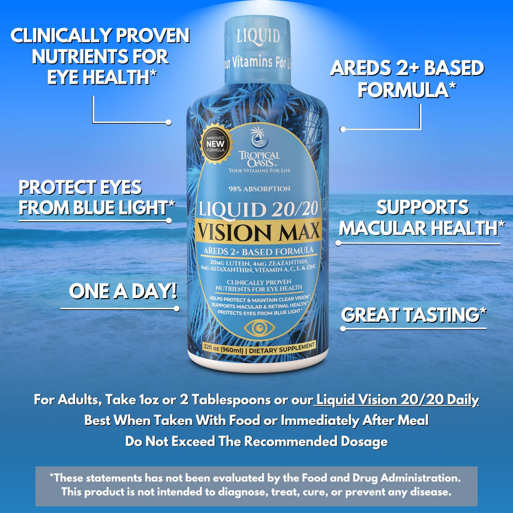 Tropical Oasis Liquid 20/20 Vision label highlights lutein, zeaxanthin, and astaxanthin.
