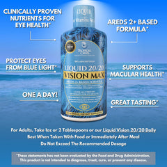 Tropical Oasis Liquid 20/20 Vision label highlights lutein, zeaxanthin, and astaxanthin.