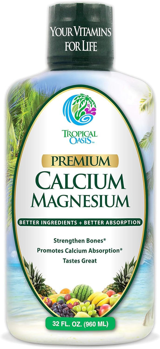 Tropical Oasis liquid calcium magnesium citrate bottle for bone-friendly nutrition.