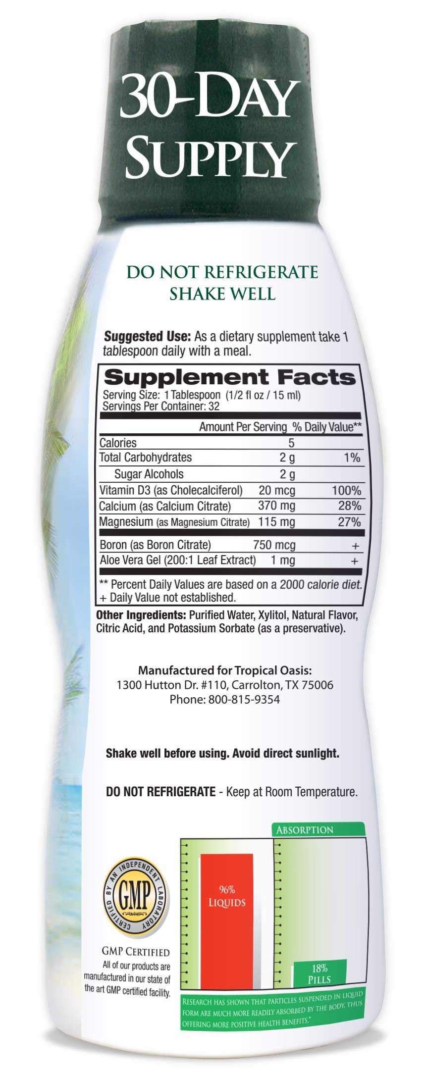 Tropical Oasis liquid calcium magnesium pour demonstrates convenient dispensing for daily support.