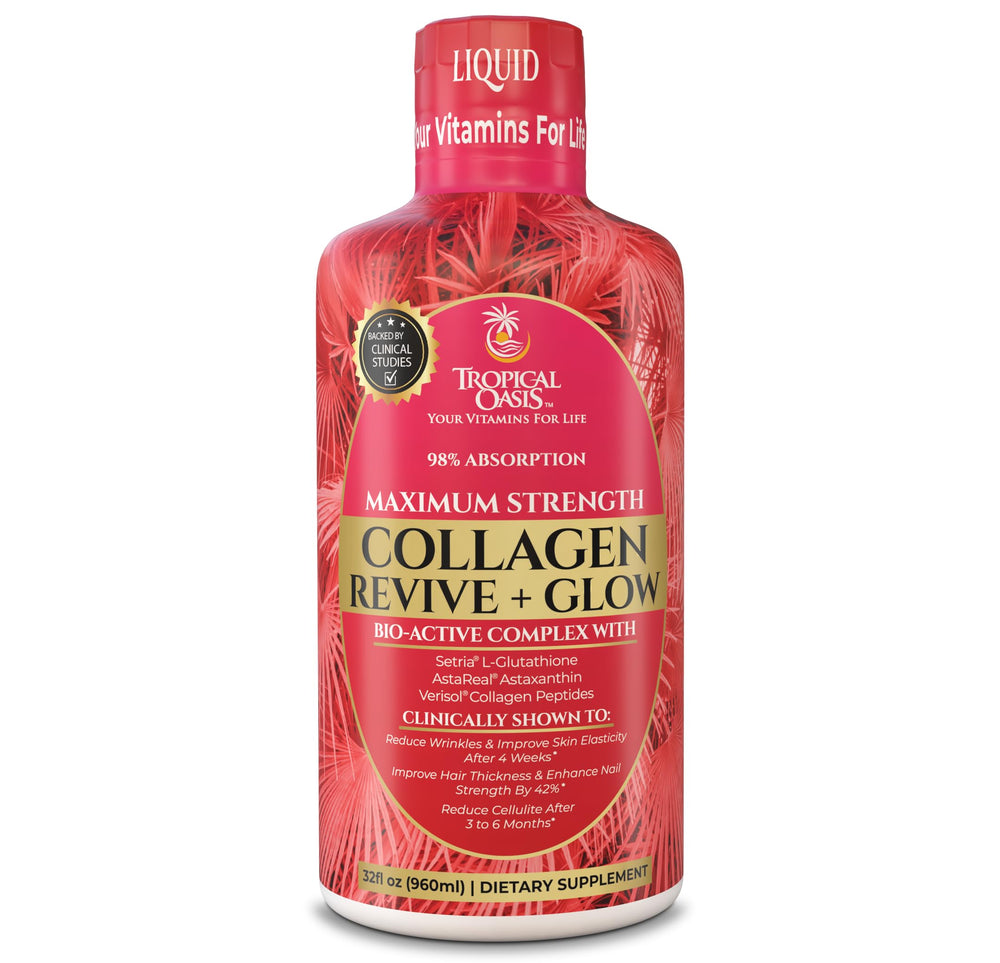 Tropical Oasis Liquid Collagen Glow bottle closeup highlighting VERISOL for skin benefits.