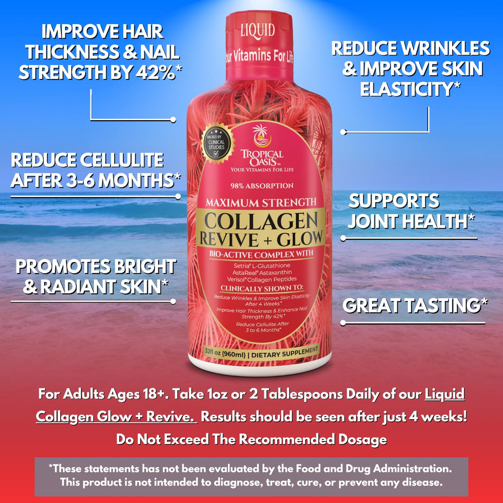 Tropical Oasis Liquid Collagen Glow in a glass visually suggesting hydration and glow.