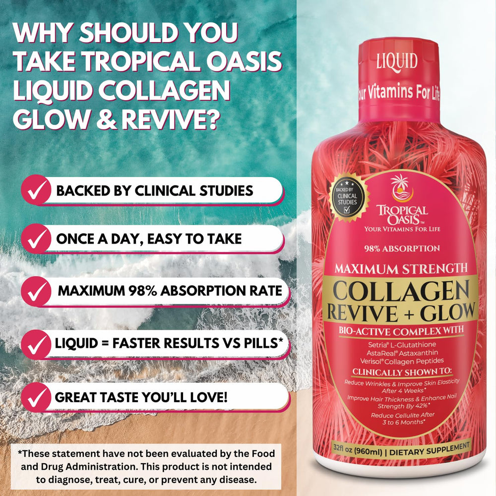 Tropical Oasis Liquid Collagen Glow skin glow shot suggesting radiant skin potential.