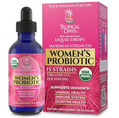 Tropical Oasis liquid probiotic bottle for women supports gut balance
