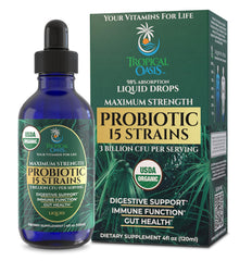 Tropical Oasis liquid probiotics bottle with drops for easy daily dosing