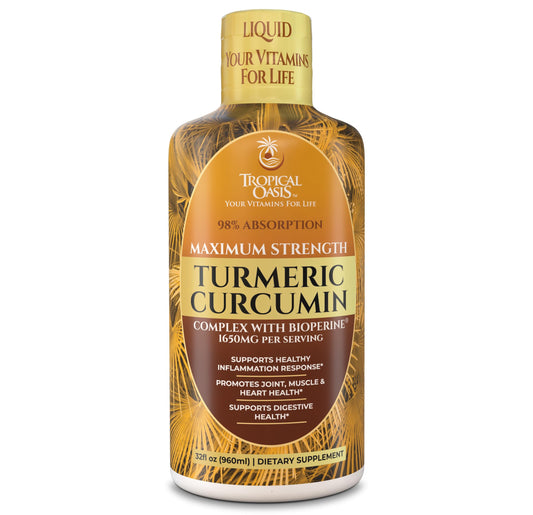 Tropical Oasis Liquid Turmeric bottle highlighting high potency curcumin for daily support.