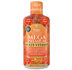 Tropical Oasis Mega Premium Multivitamin bottle showing strong daily immune support health benefits