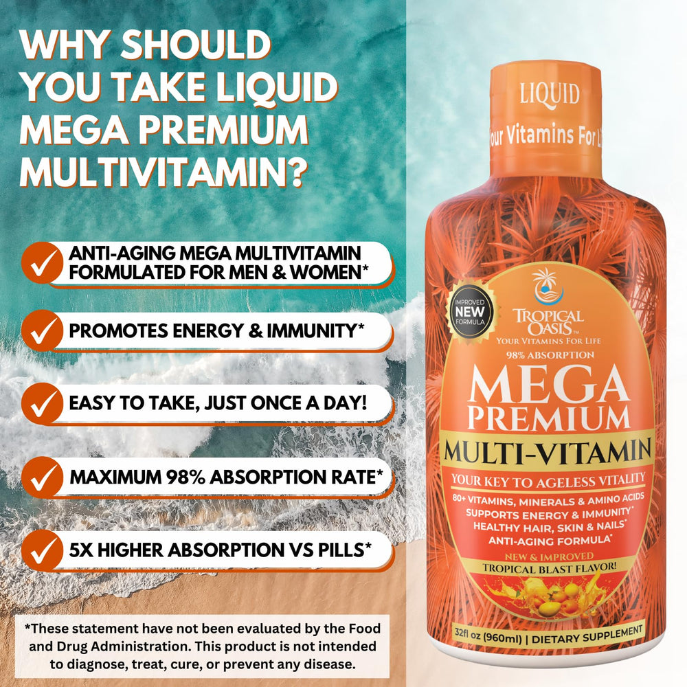 Tropical Oasis Mega Premium Multivitamin ingredients graphic showing 110 ingredients
