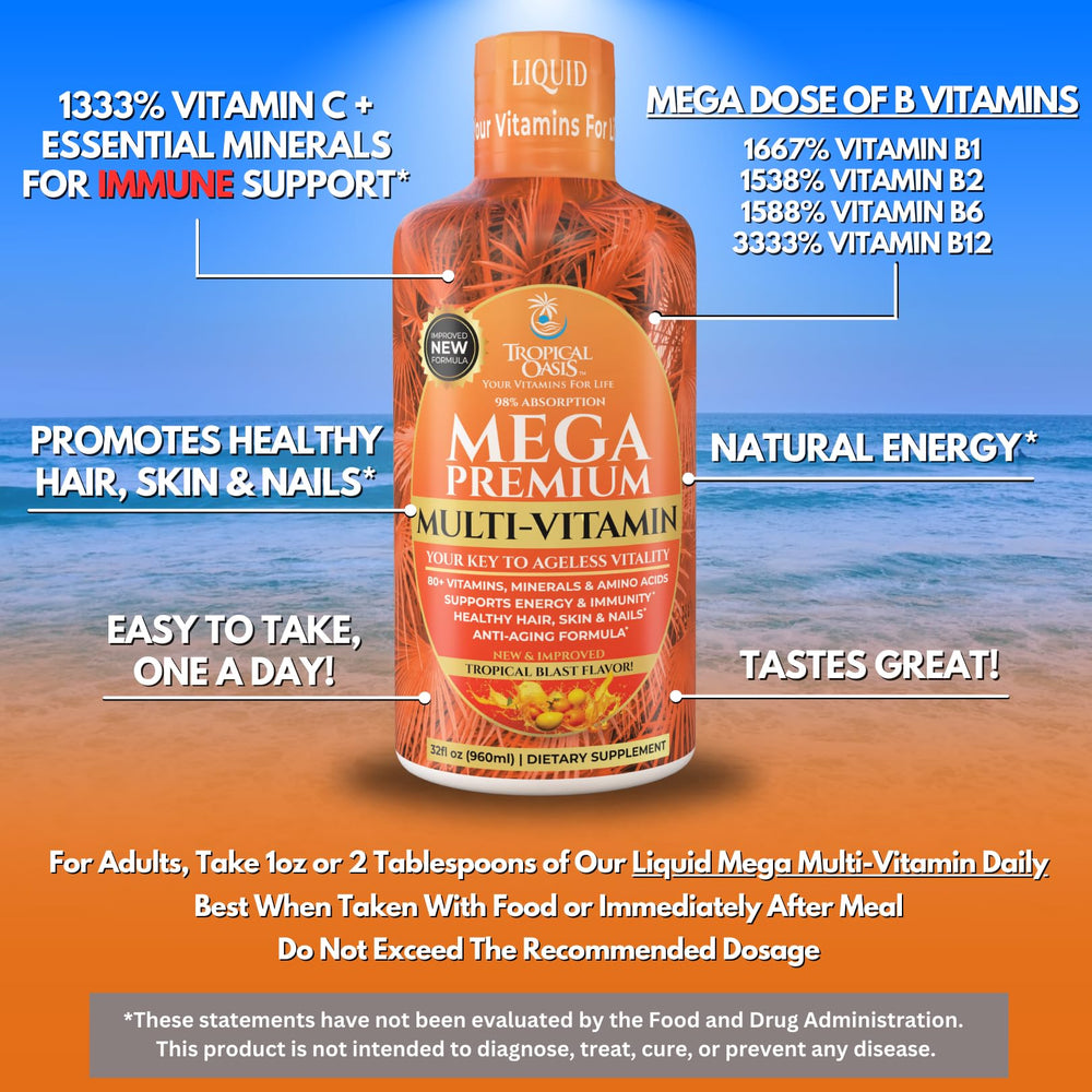 Tropical Oasis Mega Premium Multivitamin orange flavor bottle with refreshing taste