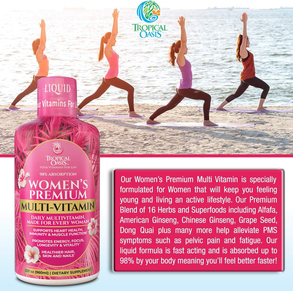 Tropical Oasis Premium Liquid Multivitamin being poured for easy daily use