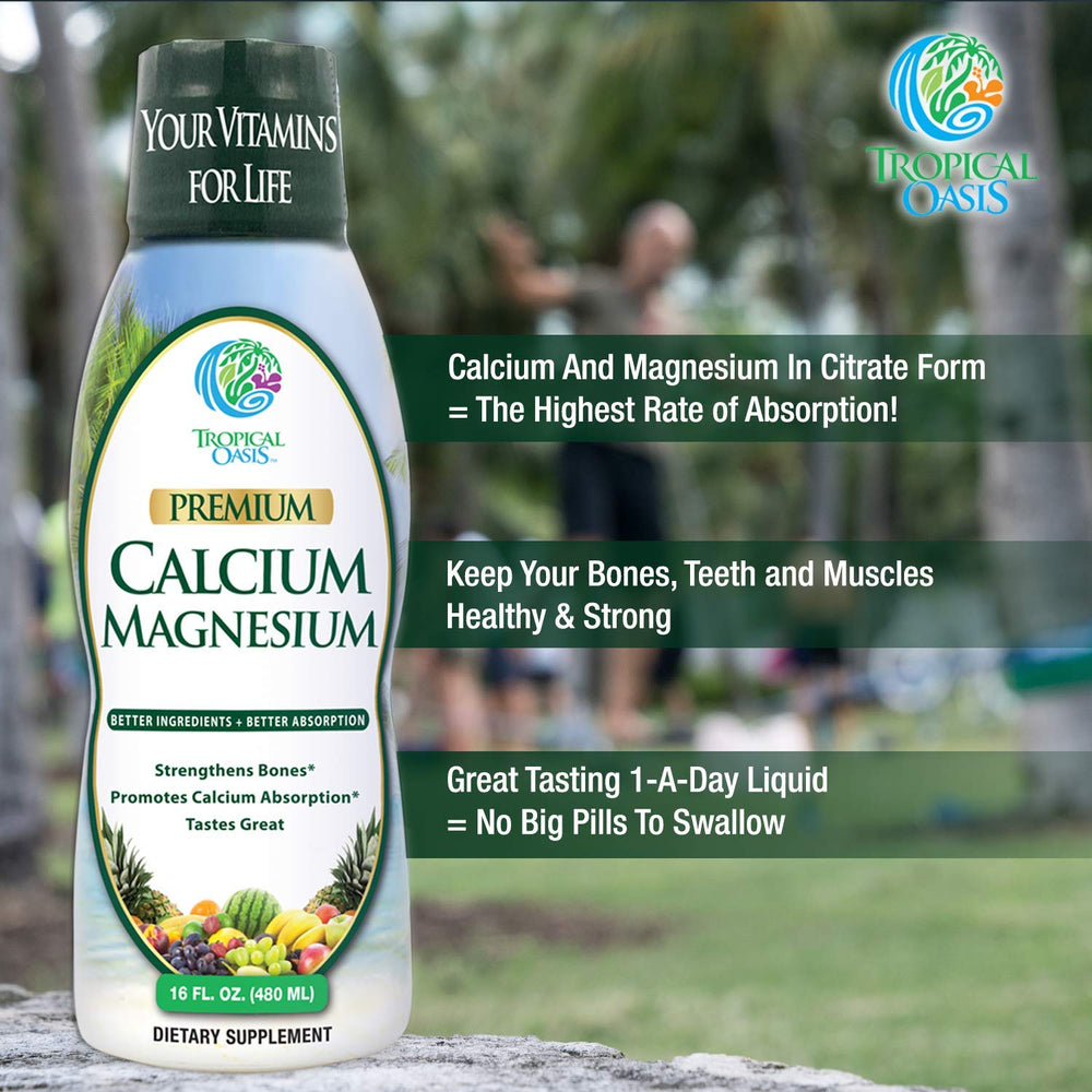 Tropical Oasis vitamin D inclusion shown on the label supports calcium absorption discussions.