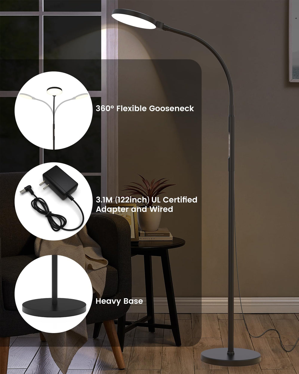 360° rotatable gooseneck for direct, flexible lighting.