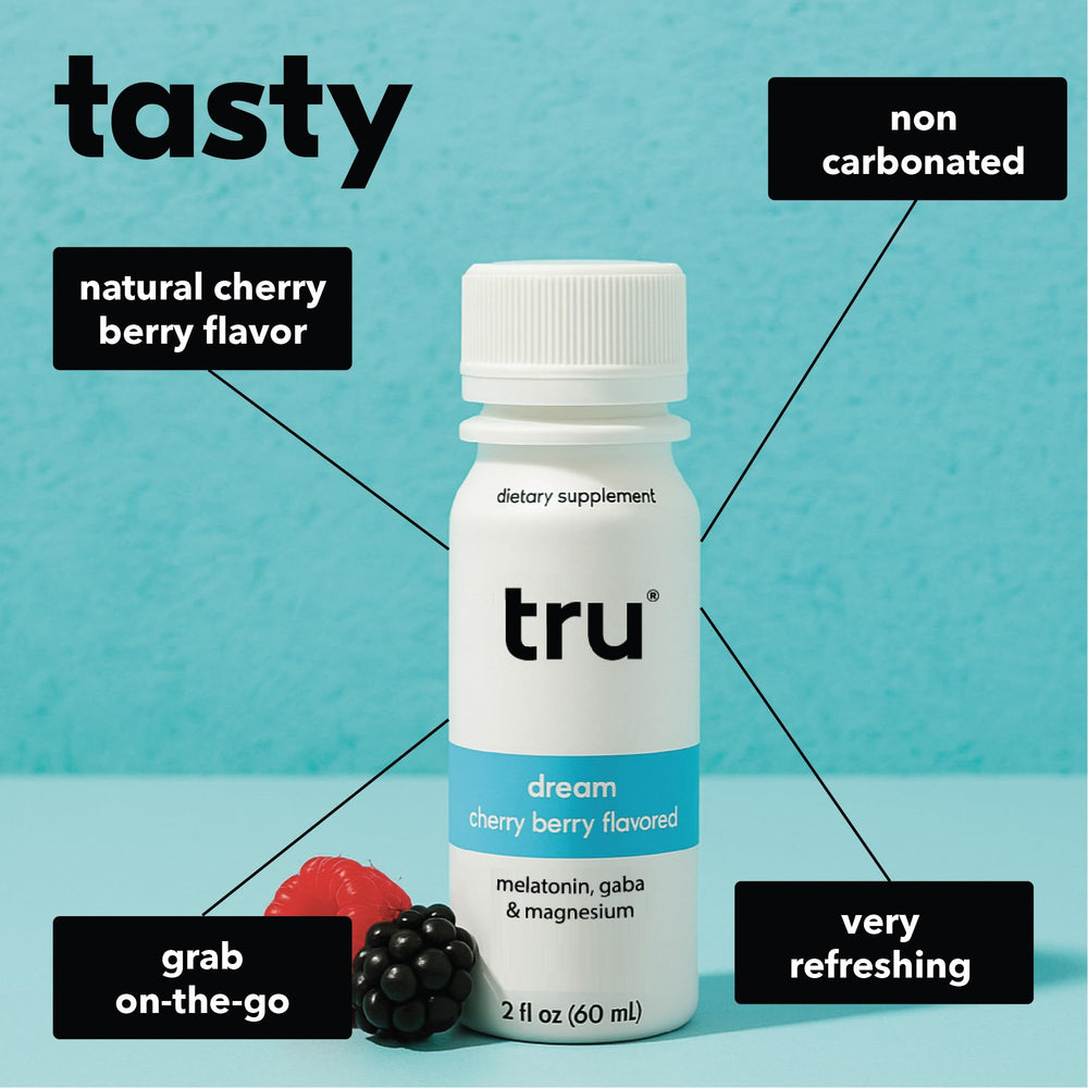 Tru Dream Shot cherry berry flavor close-up with zero sugar profile.