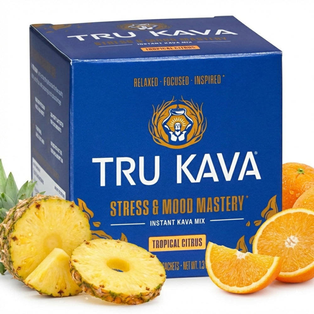 TRU KAVA sachet ready to mix for a quick calm drink.