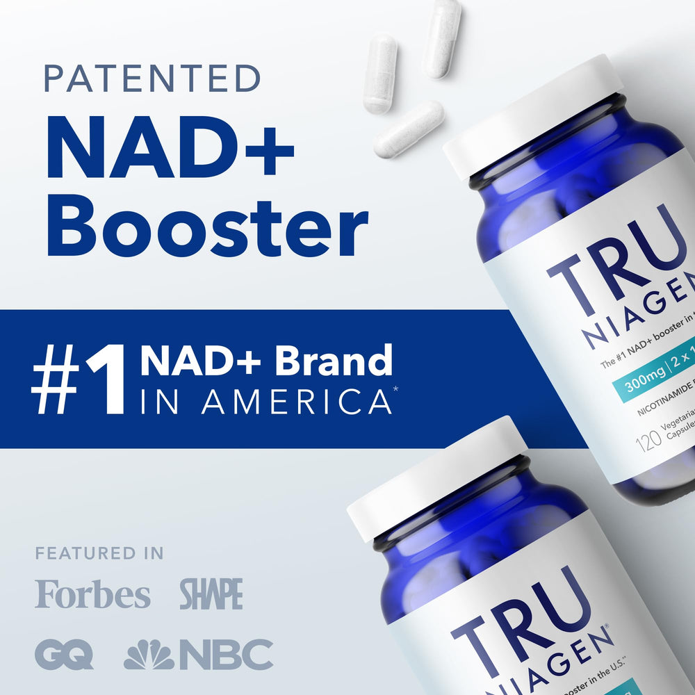 TRU Niagen daily dosage visual with capsules and glass