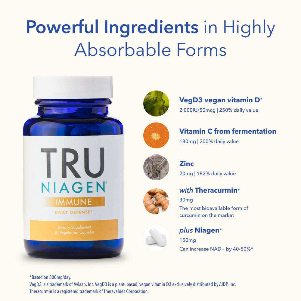 TRU NIAGEN Immune bottle back with ingredient panel and notes