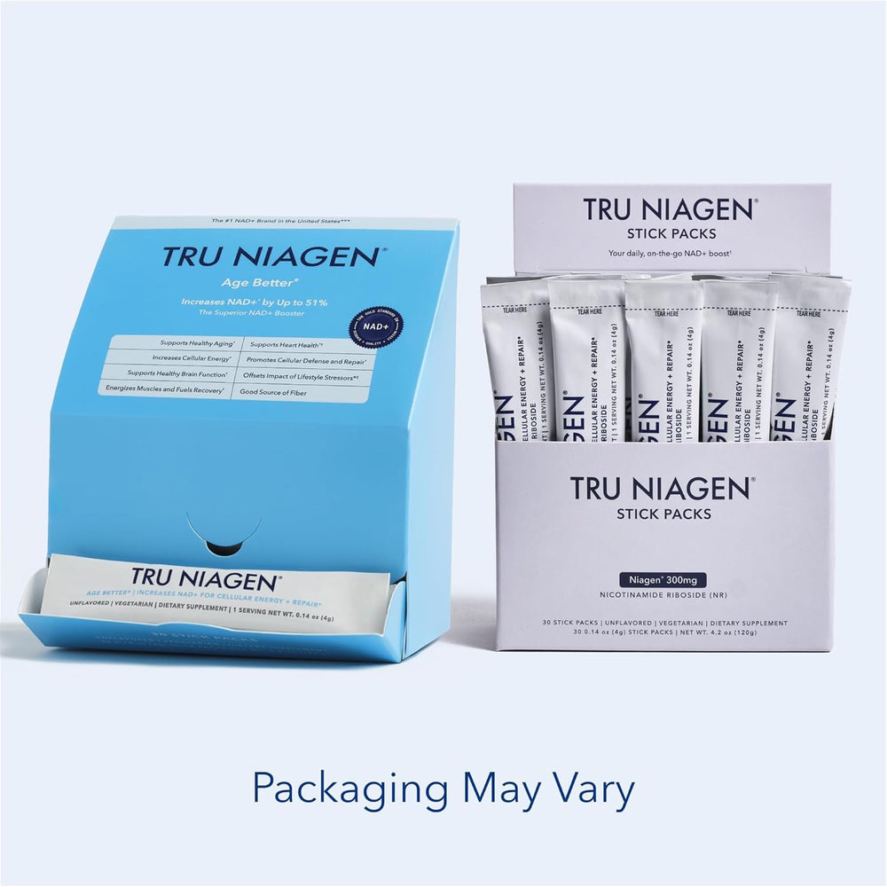 TRU NIAGEN NAD+ stick pack serving size shown for hydration and NAD+ support