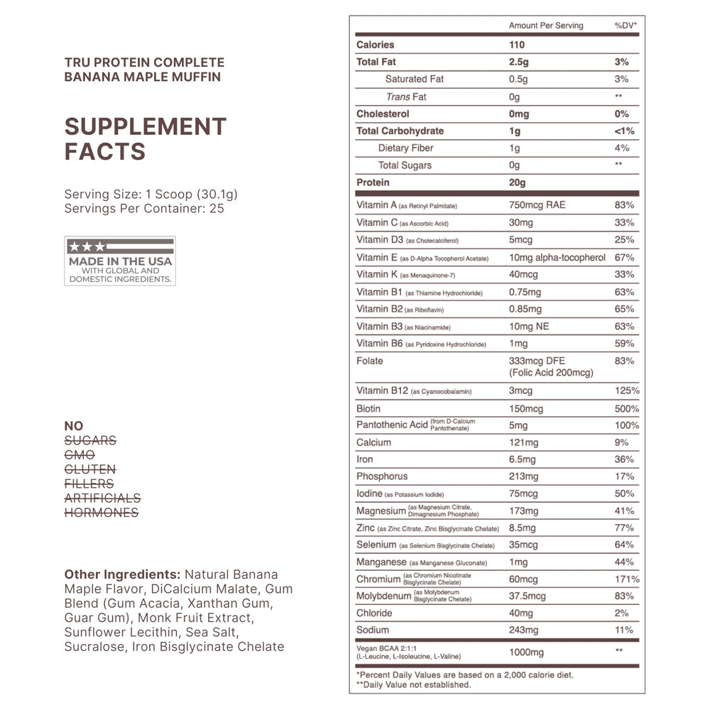 TRU Supplements Banana Maple Muffin powder scoop shows convenient servings for daily protein