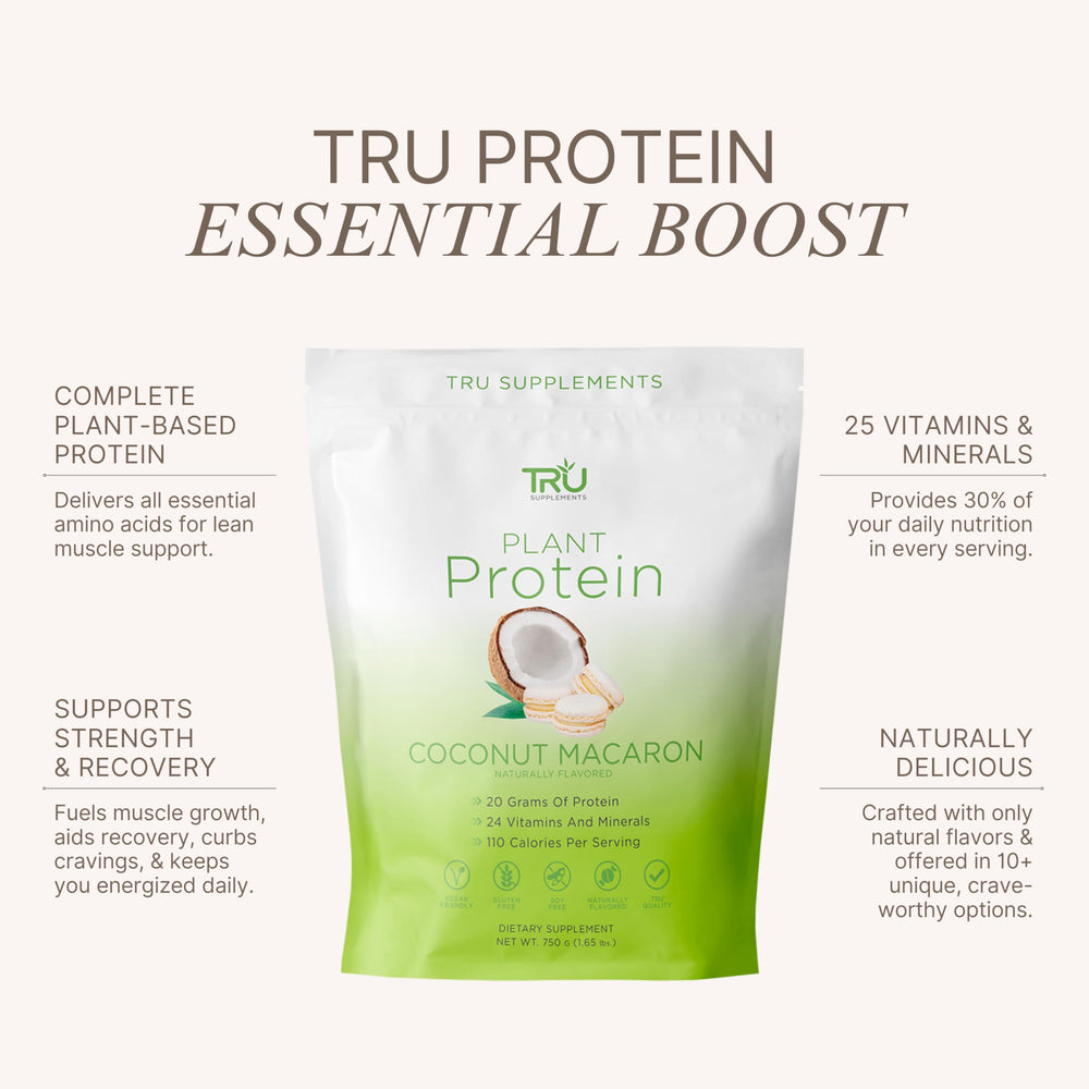 TRU Supplements Coconut Macaron shake glass presents tasty, low-sugar vegan protein option