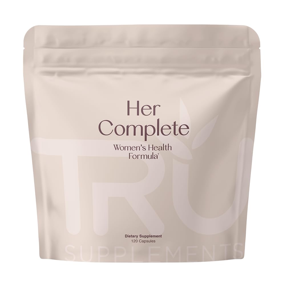 TRU Supplements HER bottle highlighting daily hormone support and skin health benefits.