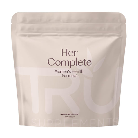 TRU Supplements HER bottle highlighting daily hormone support and skin health benefits.
