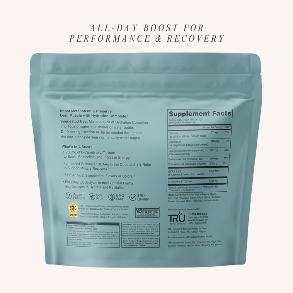 TRU Hydration Complete powder dissolving smoothly in water for on-the-go hydration